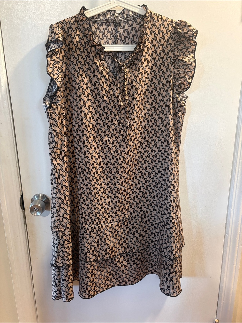 Beige Black Geometric Print Ruffle Neck Shift Dress
